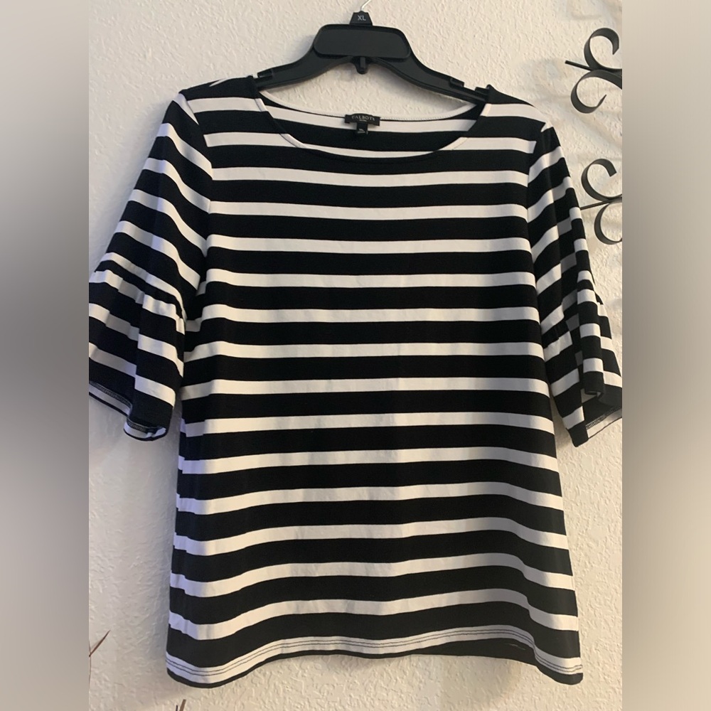 Talbots Woman White Black Striped Bell Sleeve Top Sz MP 95% Rayon 5% Spandex EUC